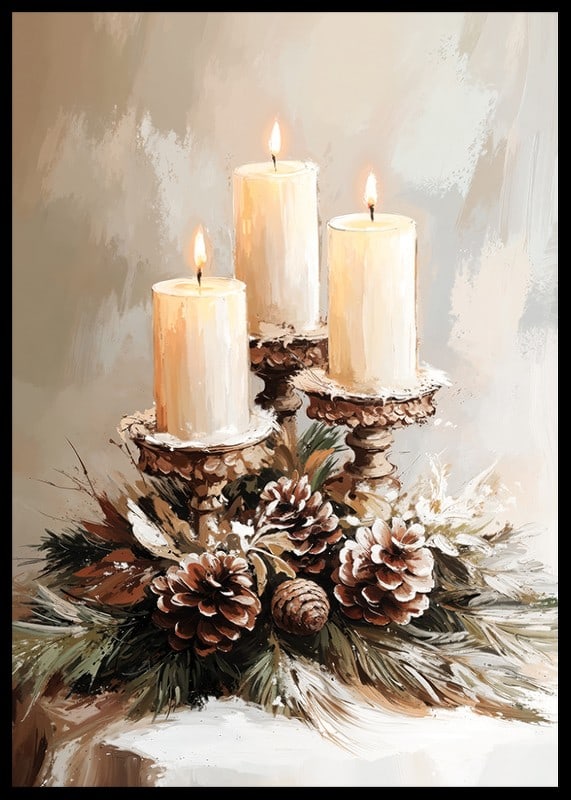 Three lit candles surrounded by evergreen twigs and frosty cones spread a warm and peaceful Christmas atmosphere.-12