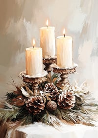 Three lit candles surrounded by evergreen twigs and frosty cones spread a warm and peaceful Christmas atmosphere.-7