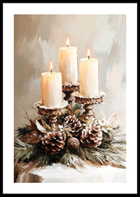 Three lit candles surrounded by evergreen twigs and frosty cones spread a warm and peaceful Christmas atmosphere.-0