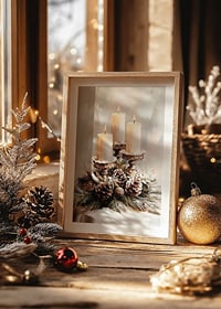 Three lit candles surrounded by evergreen twigs and frosty cones spread a warm and peaceful Christmas atmosphere.-8
