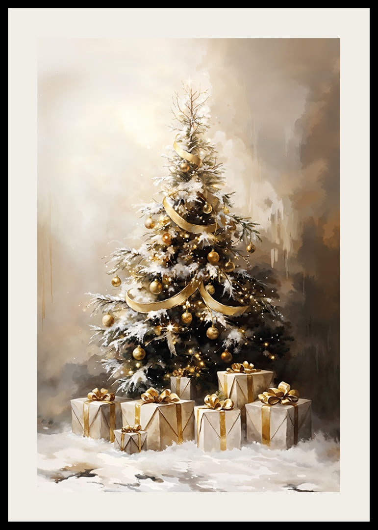 A beautiful, snow-covered Christmas tree decorated in golden tones.-12