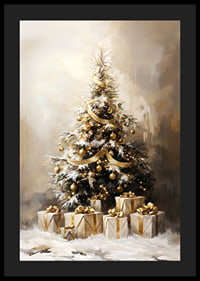 A beautiful, snow-covered Christmas tree decorated in golden tones.-4