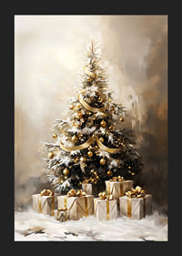 A beautiful, snow-covered Christmas tree decorated in golden tones.-5