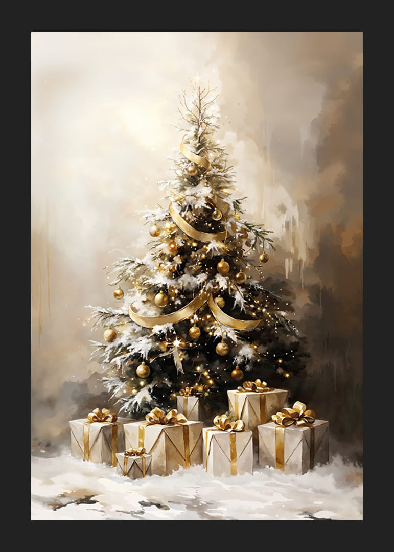 Ein wunderschöner, schneebedeckter Weihnachtsbaum, geschmückt in Goldtönen.-12