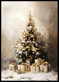 A beautiful, snow-covered Christmas tree decorated in golden tones.-6