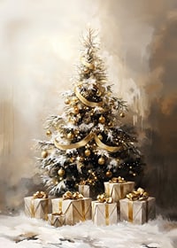 A beautiful, snow-covered Christmas tree decorated in golden tones.-7