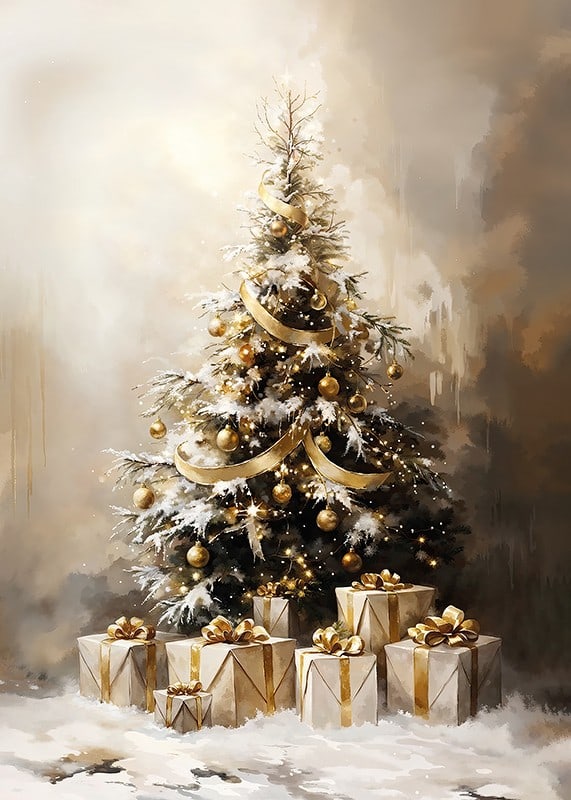 A beautiful, snow-covered Christmas tree decorated in golden tones.-12