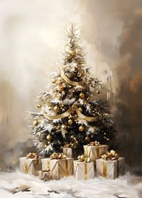 Uma bonita árvore de Natal coberta de neve e decorada em tons dourados.-3