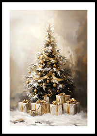 A beautiful, snow-covered Christmas tree decorated in golden tones.-0