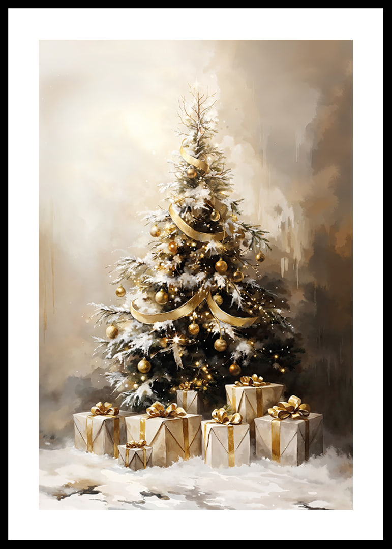 A beautiful, snow-covered Christmas tree decorated in golden tones.-12