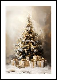 Uma bonita árvore de Natal coberta de neve e decorada em tons dourados.-0