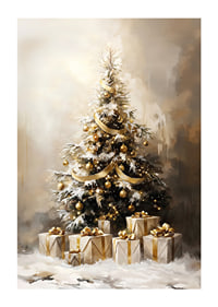 A beautiful, snow-covered Christmas tree decorated in golden tones.-1