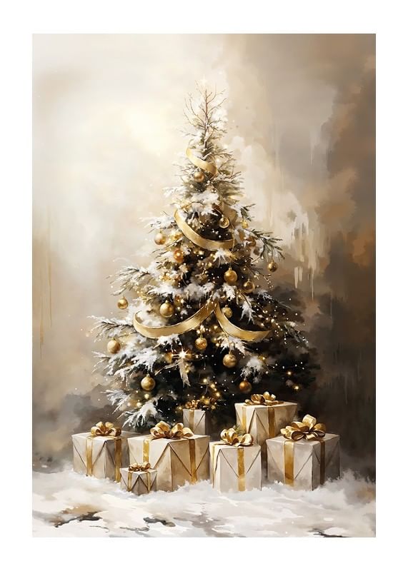 Uma bonita árvore de Natal coberta de neve e decorada em tons dourados.-12