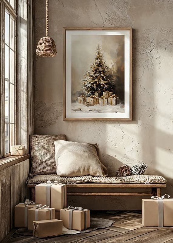 Uma bonita árvore de Natal coberta de neve e decorada em tons dourados.-12