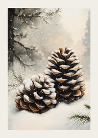 Dwa pokryte śniegiem szyszki leżą spokojnie w mroźnym zimowym krajobrazie, promieniując ciszą lasu.-3