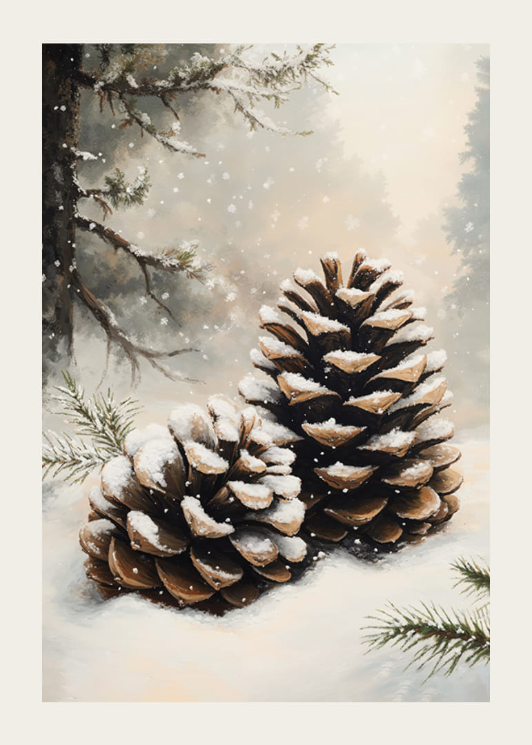 Dwa pokryte śniegiem szyszki leżą spokojnie w mroźnym zimowym krajobrazie, promieniując ciszą lasu.-12