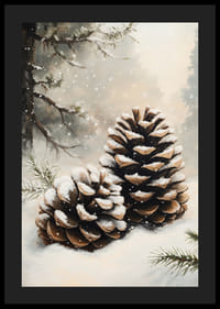 Dwa pokryte śniegiem szyszki leżą spokojnie w mroźnym zimowym krajobrazie, promieniując ciszą lasu.-4