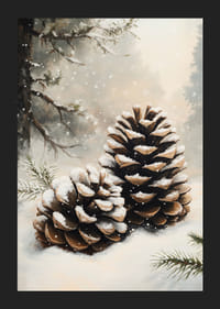 Dwa pokryte śniegiem szyszki leżą spokojnie w mroźnym zimowym krajobrazie, promieniując ciszą lasu.-5