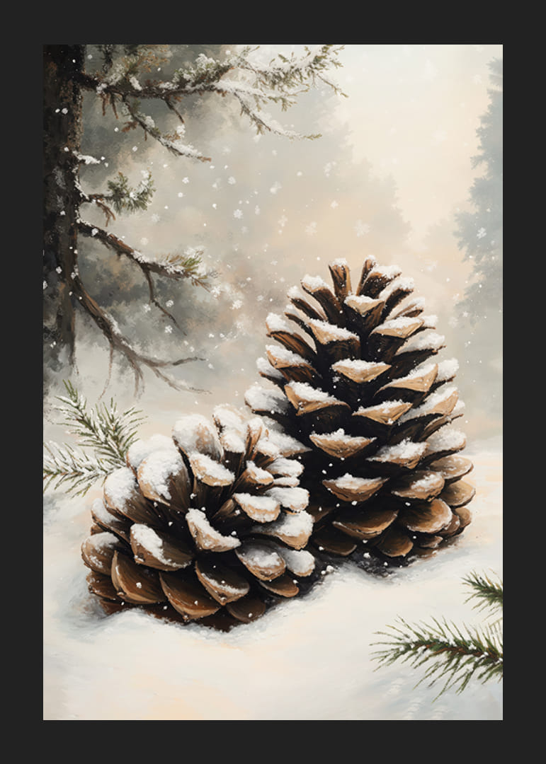 Dwa pokryte śniegiem szyszki leżą spokojnie w mroźnym zimowym krajobrazie, promieniując ciszą lasu.-12