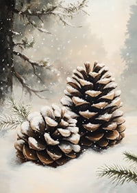 Två snötäckta kottar ligger fridfullt i ett frostigt vinterlandskap och utstrålar skogens stillhet.-7