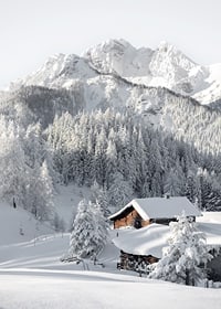 A snow-covered mountain cabin surrounded by frosty trees and majestic mountains that exudes winter idyll and tranquility.-7