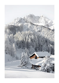 A snow-covered mountain cabin surrounded by frosty trees and majestic mountains that exudes winter idyll and tranquility.-1