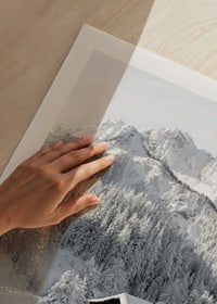 A snow-covered mountain cabin surrounded by frosty trees and majestic mountains that exudes winter idyll and tranquility.-9