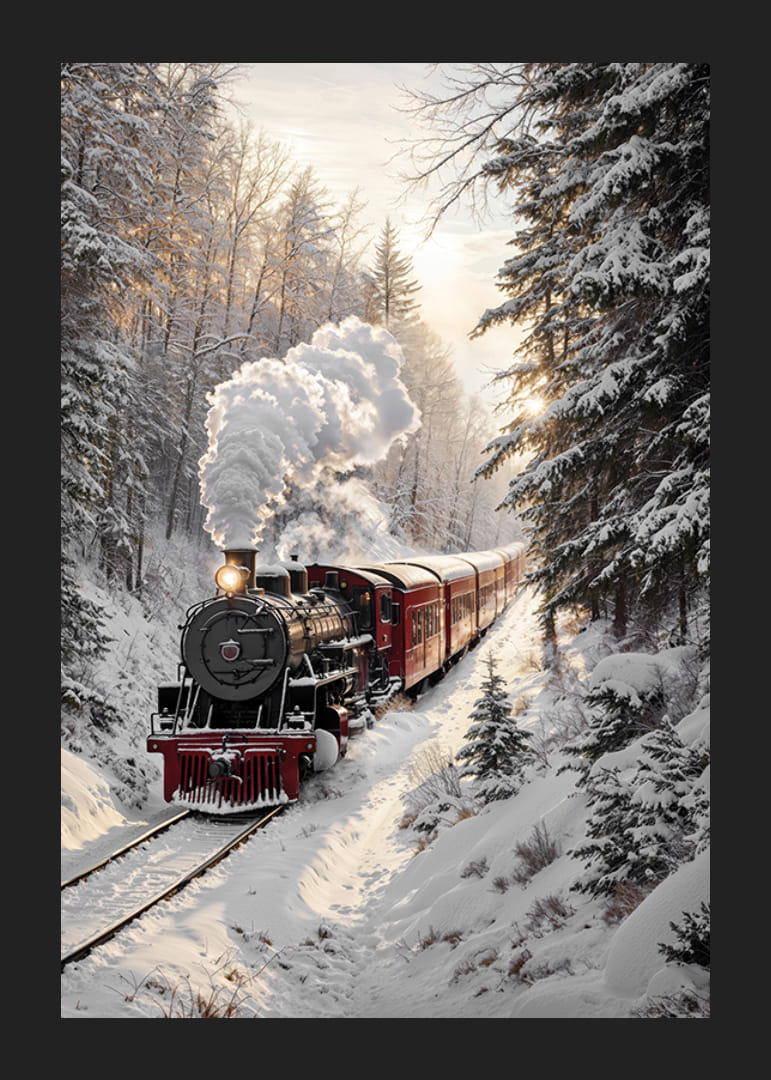 A nostalgic steam locomotive travels through a snow-covered landscape and spreads a magical winter feeling.-12