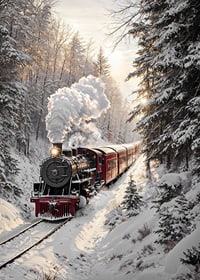 A nostalgic steam locomotive travels through a snow-covered landscape and spreads a magical winter feeling.-7