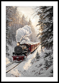 A nostalgic steam locomotive travels through a snow-covered landscape and spreads a magical winter feeling.-0