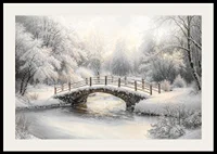 A snow-covered stone bridge spans a frozen stream in a still and magical winter landscape.-2