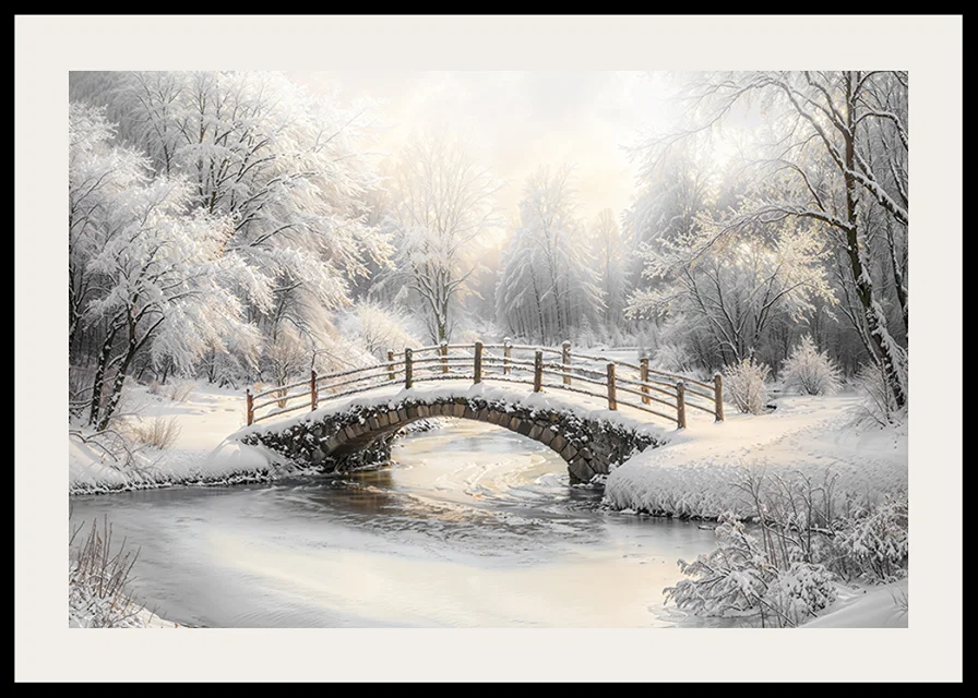 A snow-covered stone bridge spans a frozen stream in a still and magical winter landscape.-12