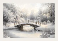 A snow-covered stone bridge spans a frozen stream in a still and magical winter landscape.-3