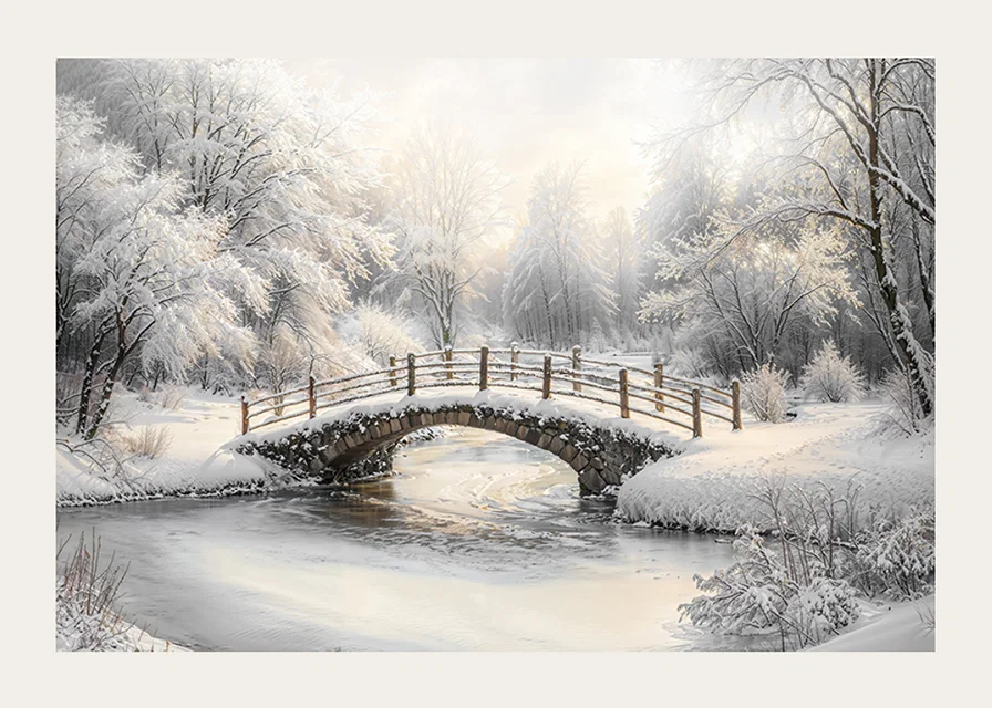 A snow-covered stone bridge spans a frozen stream in a still and magical winter landscape.-12