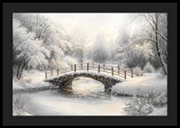 A snow-covered stone bridge spans a frozen stream in a still and magical winter landscape.-4