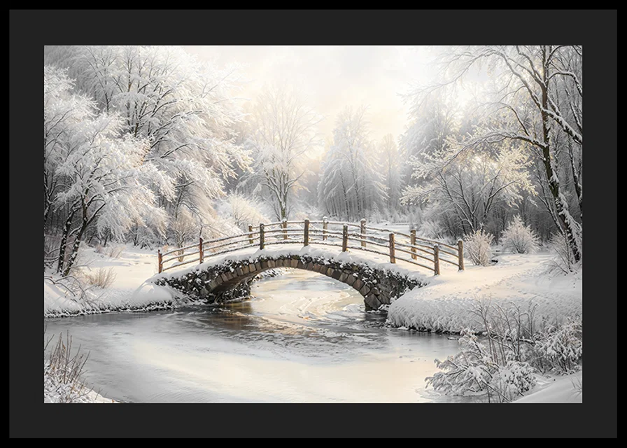 A snow-covered stone bridge spans a frozen stream in a still and magical winter landscape.-12