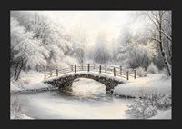 A snow-covered stone bridge spans a frozen stream in a still and magical winter landscape.-5