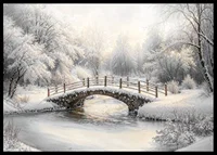 A snow-covered stone bridge spans a frozen stream in a still and magical winter landscape.-6
