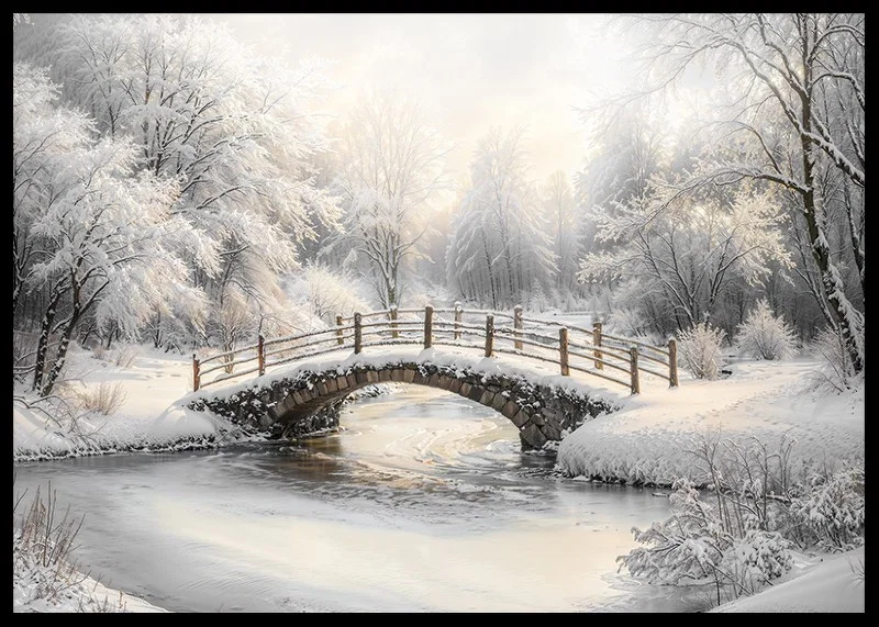 A snow-covered stone bridge spans a frozen stream in a still and magical winter landscape.-12