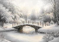 A snow-covered stone bridge spans a frozen stream in a still and magical winter landscape.-7