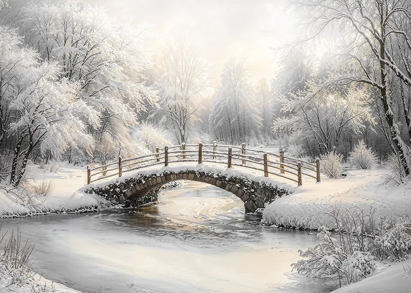 A snow-covered stone bridge spans a frozen stream in a still and magical winter landscape.-12