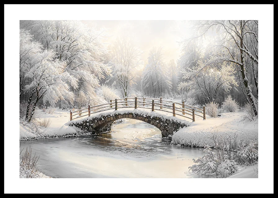 A snow-covered stone bridge spans a frozen stream in a still and magical winter landscape.-12