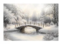 A snow-covered stone bridge spans a frozen stream in a still and magical winter landscape.-1