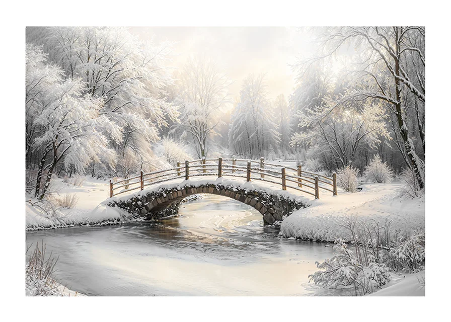 A snow-covered stone bridge spans a frozen stream in a still and magical winter landscape.-12