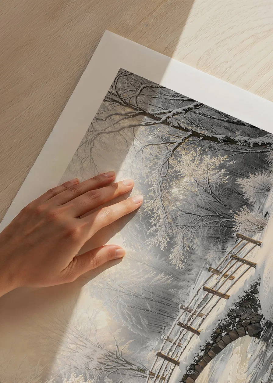 A snow-covered stone bridge spans a frozen stream in a still and magical winter landscape.-12