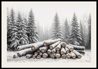Snötäckta timmerstockar ligger staplade i en fridfull vinterskog omgiven av frostiga granar.-2