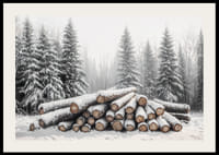 Snötäckta timmerstockar ligger staplade i en fridfull vinterskog omgiven av frostiga granar.-2