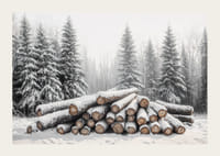 Snötäckta timmerstockar ligger staplade i en fridfull vinterskog omgiven av frostiga granar.-3