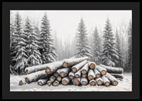 Snötäckta timmerstockar ligger staplade i en fridfull vinterskog omgiven av frostiga granar.-4
