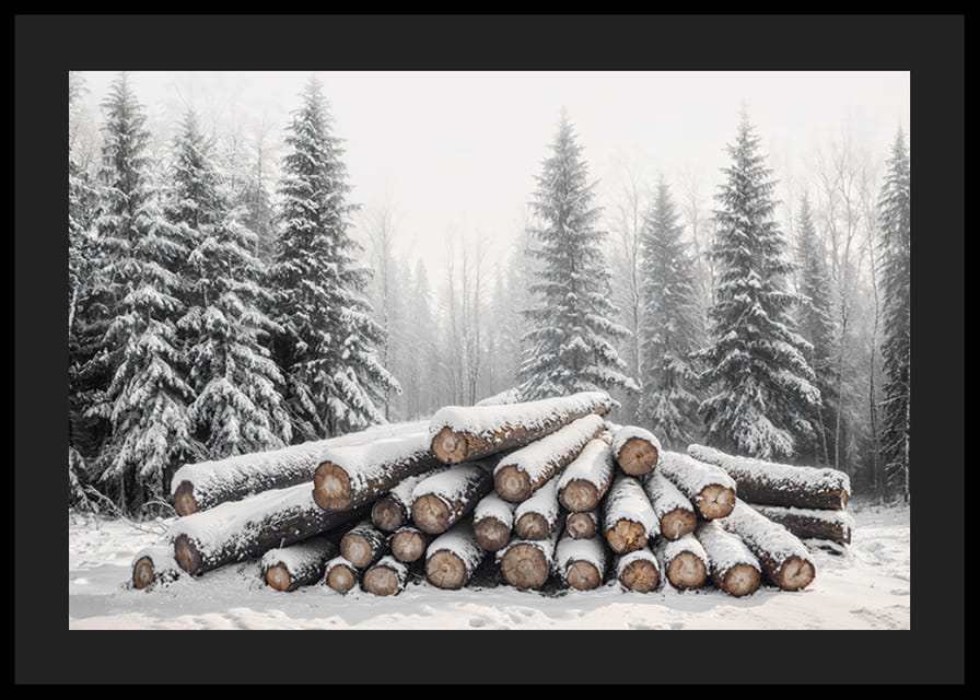 Snötäckta timmerstockar ligger staplade i en fridfull vinterskog omgiven av frostiga granar.-12